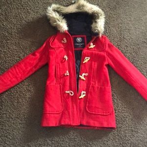 American Eagle Red wool blend coat w faux fur hood